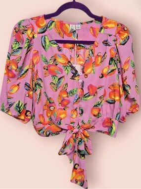 Joie Lavender Tropical Tie-Front Button Blouse